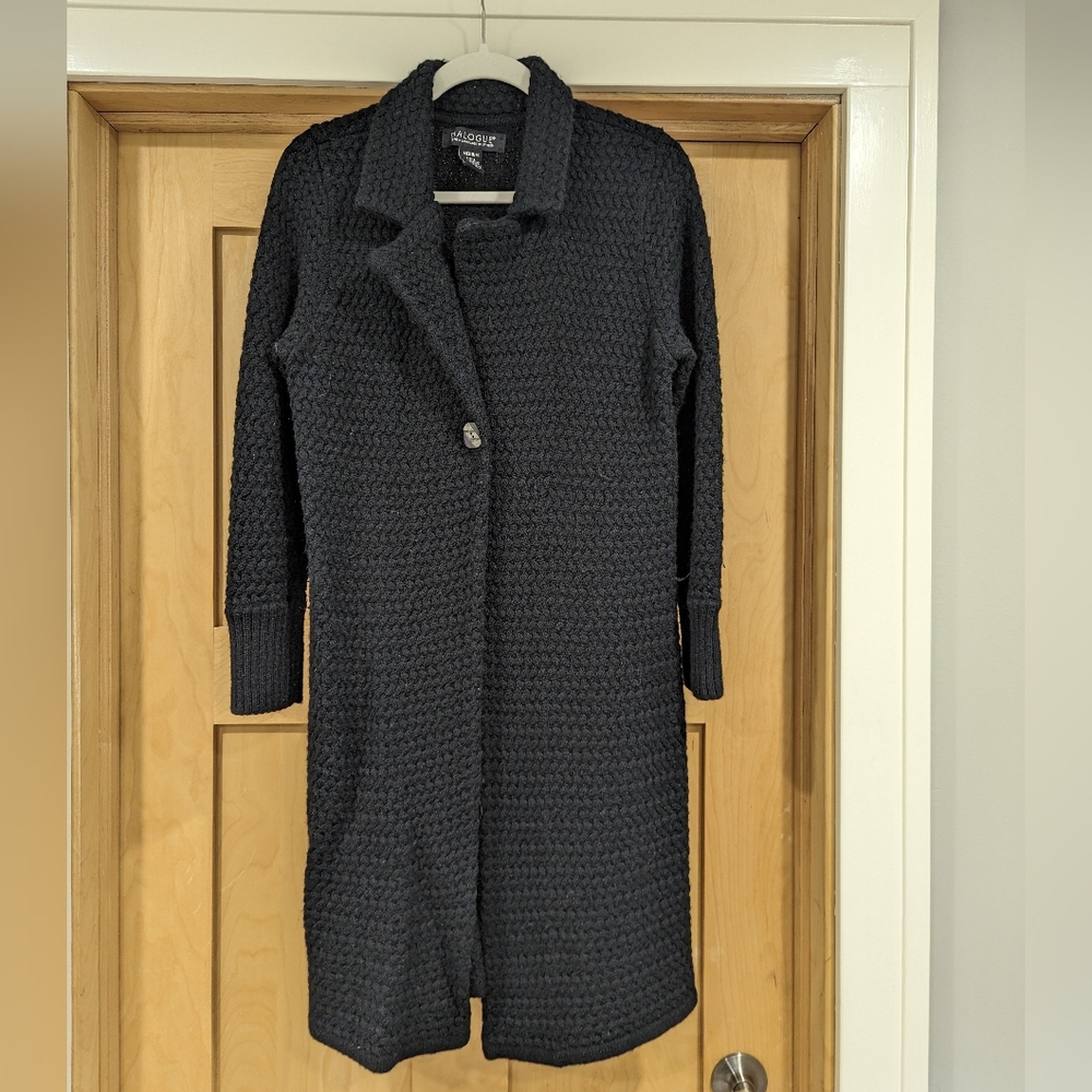 Dialogue women's Merino wool blend black duster sweater top with button close